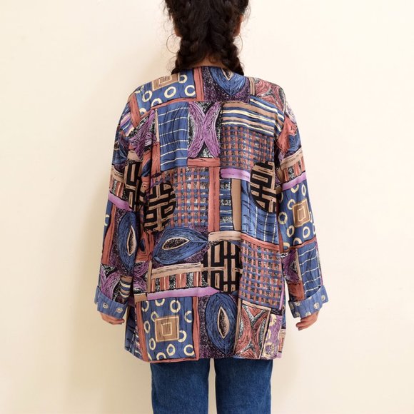 Vintage Sweaters - Boho Abstract Geometric Print Light Rayon Cardigan